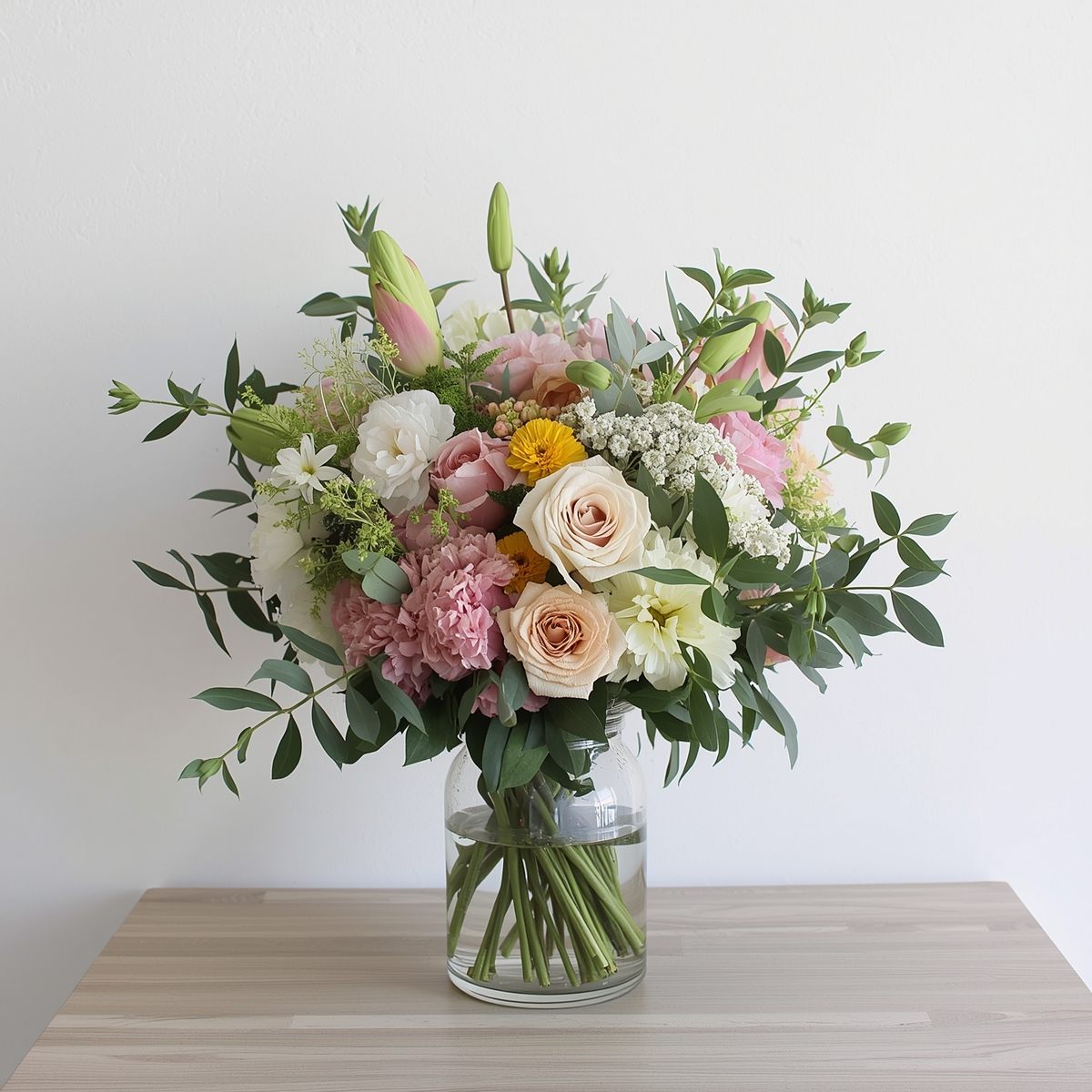Soft peach bouquet resting on a windowsill